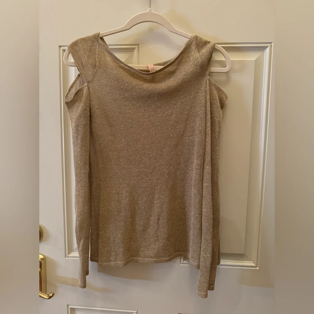 Bailey 44 black sabbath top gold sparkle cold shoulder S $125 sweater l/s linen - Picture 7 of 10